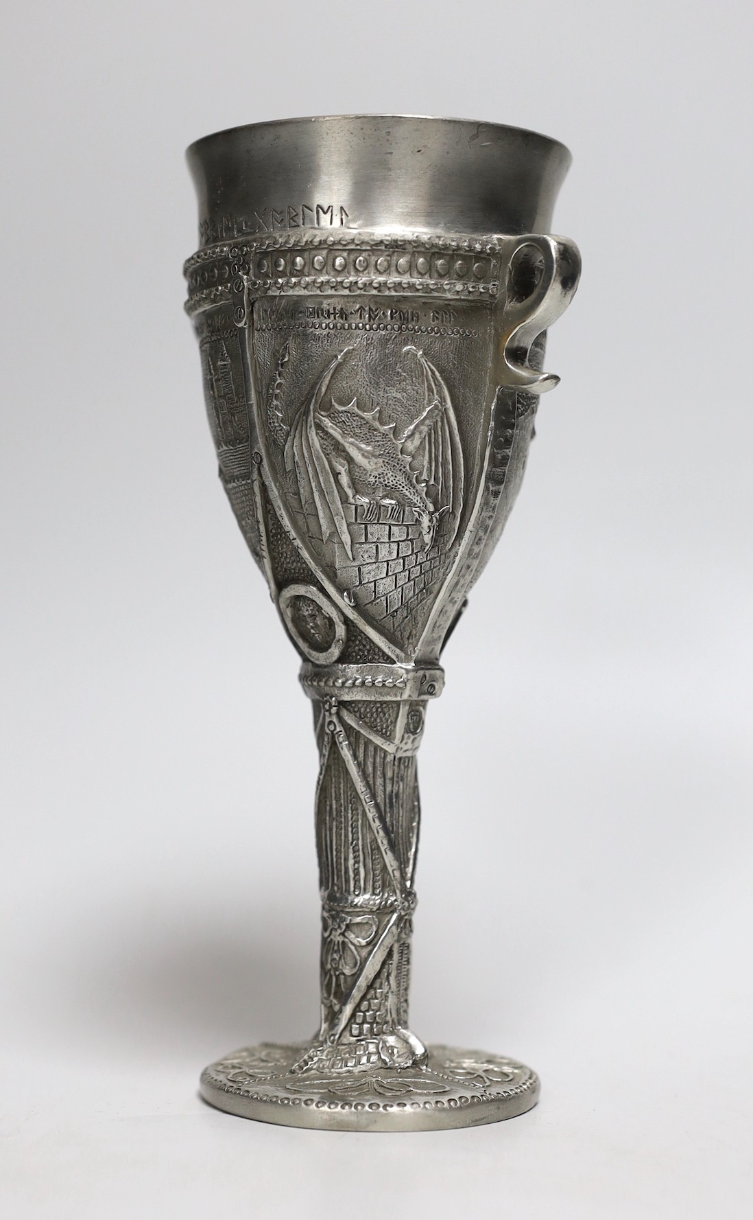 A Selangor cast pewter ‘Hobbit’ goblet inspired by Tolkien’s Lord of the Rings, 18.5cms high